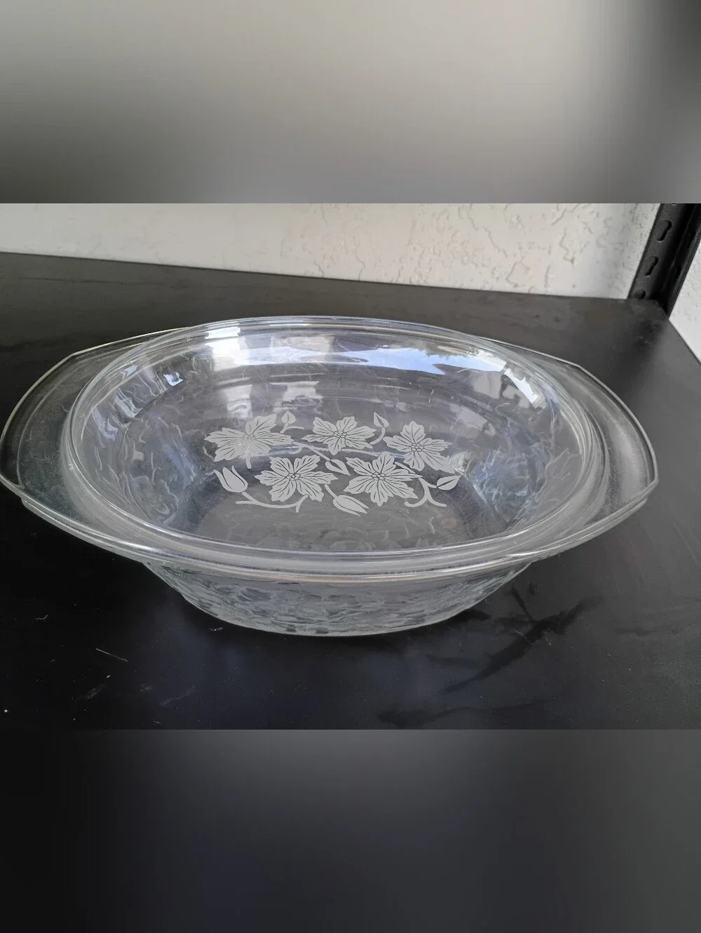 Clear Floral Etched Glass Serving Bowl - White Floral Princess House Fantasy